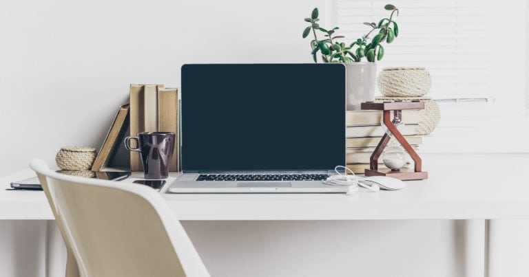 Home office with desk, chair, laptop, and plant