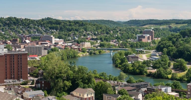 Aerial view of Morgantown, WV, home of WVU