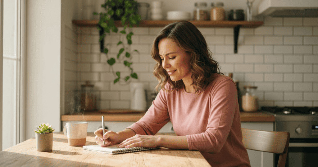 Woman sitting at kitchen table writing