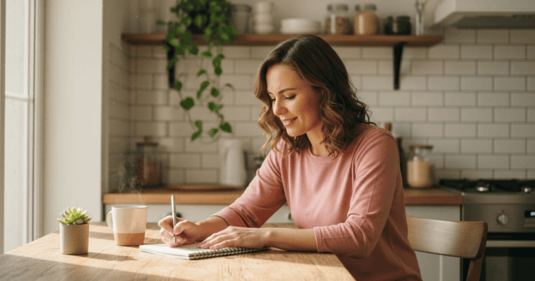 Woman sitting at kitchen table writing